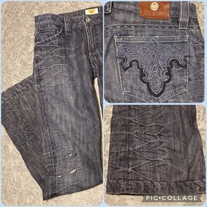 ANTIK DENIM Jeans 27 Low Rise Boot Cut Whiskered Distressed Embroidered Stitched